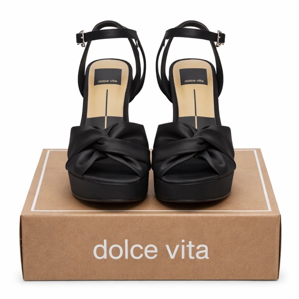 Dolce Vita Platform Heels, Onyx Black Satin Platform Sandals Size 7